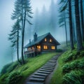 A cabin in the middle of a forest with fog and trees on the mountain side and a foggy sky above with a path leading to a Royalty Free Stock Photo