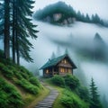 A cabin in the middle of a forest with fog and trees on the mountain side and a foggy sky above with a path leading to a Royalty Free Stock Photo