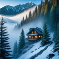 a cabin in the middle of a forest with fog and trees on the mountain side and a foggy sky above with a path leading to a Royalty Free Stock Photo