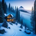 a cabin in the middle of a forest with fog and trees on the mountain side and a foggy sky above with a path leading to a Royalty Free Stock Photo