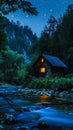 A cabin in the middle of a forest next to a river Royalty Free Stock Photo