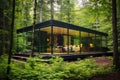 a cabin with modern glass walls amidst dense woods