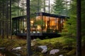 a cabin with modern glass walls amidst dense woods