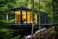 a cabin with modern glass walls amidst dense woods