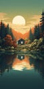 Autumn Cabin By The Lake: Hyper-detailed Illustration With Tonalist Color Scheme Royalty Free Stock Photo