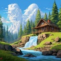 Cartoon Cabin In A Picturesque Hillside With Waterfall And Pine Forest