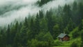 A cabin nestled in the dense fog of a forest, creating an eerie and mysterious atmosphere, Misty hills with a small cabin amidst