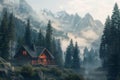 A cabin nestled in the mountains, A cozy cabin nestled in the snowy mountains surrounded by pine trees Royalty Free Stock Photo