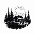 Simple Cabin: Vintage-inspired Black And White Illustration