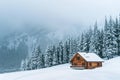 A cabin nestled in the snowy mountains, A cozy cabin in the mountains surrounded by snow-covered trees Royalty Free Stock Photo