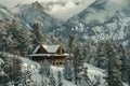 A cabin nestled in snowy mountains surrounded by snow, A cozy cabin nestled in the snowy mountains surrounded by pine trees Royalty Free Stock Photo