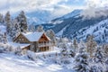 A cabin nestled in snowy mountains surrounded by white landscape, A cozy cabin nestled in snowy mountains, the perfect spot for a Royalty Free Stock Photo