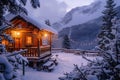 A cabin nestled in the stunning mountains, covered in a blanket of glistening snow, A cozy mountain lodge during winter, AI Royalty Free Stock Photo