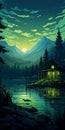 Night Lakehouse With Pine Tree - Dan Mumford Style Forest Wallpaper Royalty Free Stock Photo