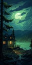 Sublime Wilderness: A Hyper-detailed Cartoon Landscape Of A House At Night