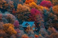 A cabin nestled in the woods, surrounded by tall trees, A cozy cabin nestled among a grove of richly-hued trees