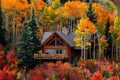 A cabin nestled in the woods, surrounded by tall trees in a forest setting, A cozy cabin nestled among a grove of richly-hued