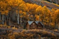 A cabin nestled in the woods, surrounded by tall trees with golden-hued leaves, A cozy cabin nestled in a patch of golden-hued