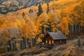 A cabin nestled in the woods, surrounded by tall trees with golden-hued leaves, A cozy cabin nestled in a patch of golden-hued