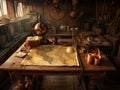 In the cabin of an old pirate ship we see a workbench with a map Royalty Free Stock Photo