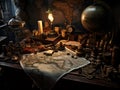 In the cabin of an old pirate ship we see a workbench with a map leading to a pirate treasure. Royalty Free Stock Photo