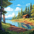 Cartoon Cabin In The Forest: Digital Painting With Expansive Landscapes