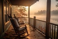 cabin porch with rocking chairs overlooking a misty lake