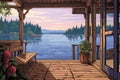 cabin porch view showcasing dock reaching into the lake, magazine style illustration Royalty Free Stock Photo