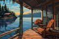 cabin porch view showcasing dock reaching into the lake, magazine style illustration Royalty Free Stock Photo