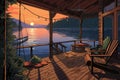 cabin porch view showcasing dock reaching into the lake, magazine style illustration Royalty Free Stock Photo