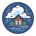 Cabin in rainstorm with trees and clouds. Weather disaster and secure home concept. Emergency preparedness vector