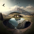 A cabin reflected in water, with mountains in the background and birds flying in sky, AI generated Royalty Free Stock Photo