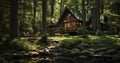 A Cabin Retreat Nestled in the Heart of the Forest. The Secluded Cabin\'s Call to Serene Solitude. Generative AI