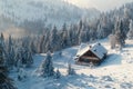 A cabin sits in the midst of snowy mountains, showcasing a winter retreat, A cozy cabin nestled in the snowy mountains surrounded Royalty Free Stock Photo