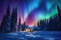 Cabin in Snowy Forest With Aurora Lights