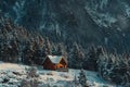 A cabin stands in the snowy mountains, surrounded by a winter landscape, A cozy cabin nestled in the snowy mountains surrounded by Royalty Free Stock Photo