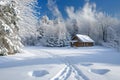 A cabin stands surrounded by snowy trees and a wintry landscape in the middle of a forest, A snowy landscape with heart-shaped Royalty Free Stock Photo