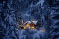 A cabin surrounded by snow-covered trees in a winter forest, A cozy ski lodge nestled among the trees Royalty Free Stock Photo