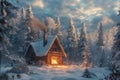 A cabin surrounded by snow-covered trees in a winter forest, A cozy winter cabin nestled in a snowy forest with a warm fire Royalty Free Stock Photo