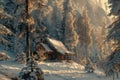 A cabin tucked amidst snow-covered trees in a forest during winter, A cozy cabin nestled in a clearing in the woods Royalty Free Stock Photo
