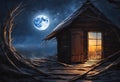 Cabin with a window illuminated by the light of a full moon, AI-generated. Royalty Free Stock Photo