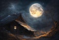 Cabin with a window illuminated by the light of a full moon, AI-generated. Royalty Free Stock Photo