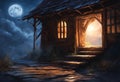 Cabin with a window illuminated by the light of a full moon, AI-generated. Royalty Free Stock Photo