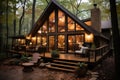 A cabin in the woods with a deck and porch, AI Royalty Free Stock Photo