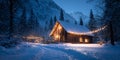 A cabin in the woods decorated with lights in the winter night Royalty Free Stock Photo