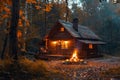 Cabin in the woods with a fire blazing in the fireplace, A cozy cabin nestled in the woods with a warm fire burning inside Royalty Free Stock Photo