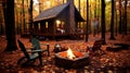 A cabin in the woods with a fire pit, AI Royalty Free Stock Photo