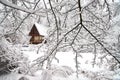 Cabin woods by frozen river surrounded by tree branches covered in snow Royalty Free Stock Photo