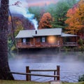 Cabin in woods on lake during Fall with smoke from Chimney. AI Image Royalty Free Stock Photo