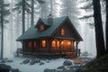 a cabin in the woods with a light on at the end of the night in the foggy forest Royalty Free Stock Photo